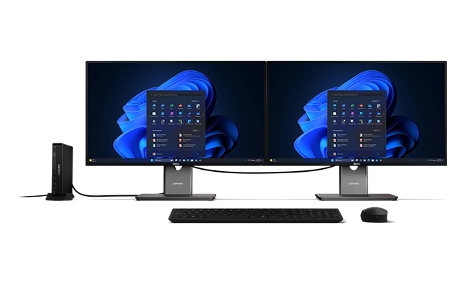 ThinkCentre M70q Tiny Gen 6（Intel）を2画面につないで使っているところ