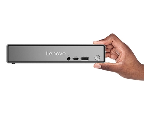 ThinkCentre neo 50q Tiny Gen 5(Intel)の前面を手に持ったところ
