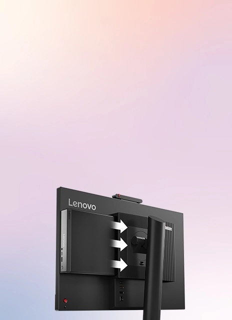 ThinkCentre neo 50q Tiny Gen 6(Intel)をモニターの背面に取り付けるところ