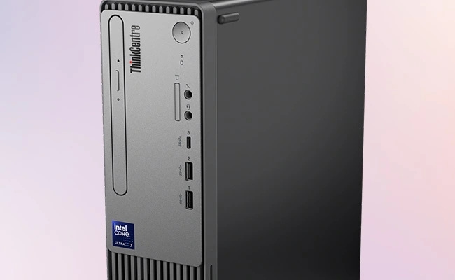 ThinkCentre neo 50s Small Gen 6(Intel)の前面のアップ(光学ドライブと端子)