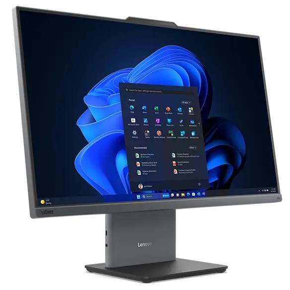 ThinkCentre neo 55a 24 All-In-One Gen 6(23.8型 AMD・Ryzen 200シリーズ)の本体を斜め前から見たところ
