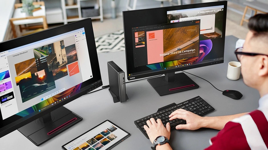ThinkCentre neo 55q Tiny Gen 6(Ryzen AI 300シリーズ)を2画面につないで使っているところ