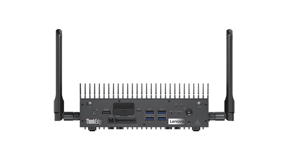ThinkEdge SE70の端子が並ぶ面(アンテナ付き)