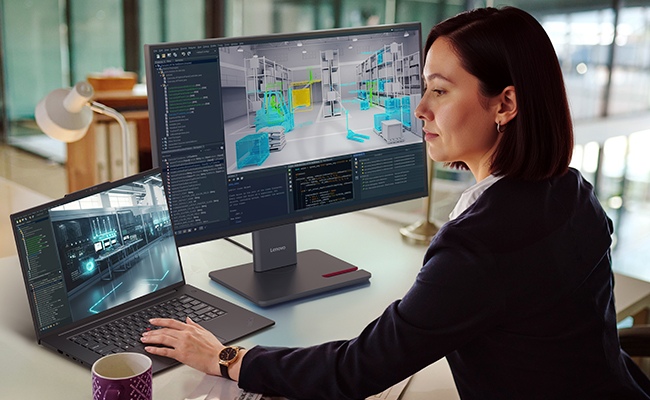 ThinkPad P1 Gen 9を外部ディスプレイにつないで作業している様子