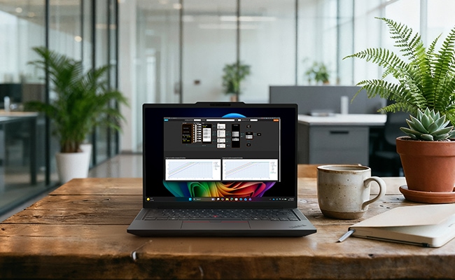 ThinkPad P14s Gen 7（14型 AMD）をデスクで使っている様子