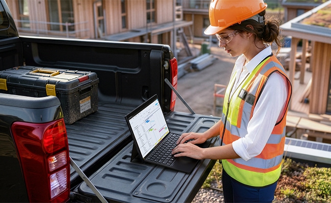 ThinkPad X13 Detachableを屋外の現場で使っている様子